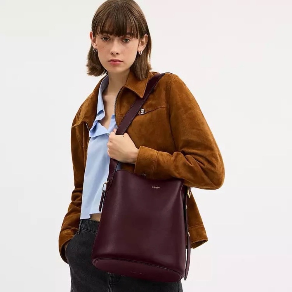 Coach Bleecker Bucket Bag & Pouch in Brass/Merlot Natural Grain Leather NWT - Picture 10 of 16